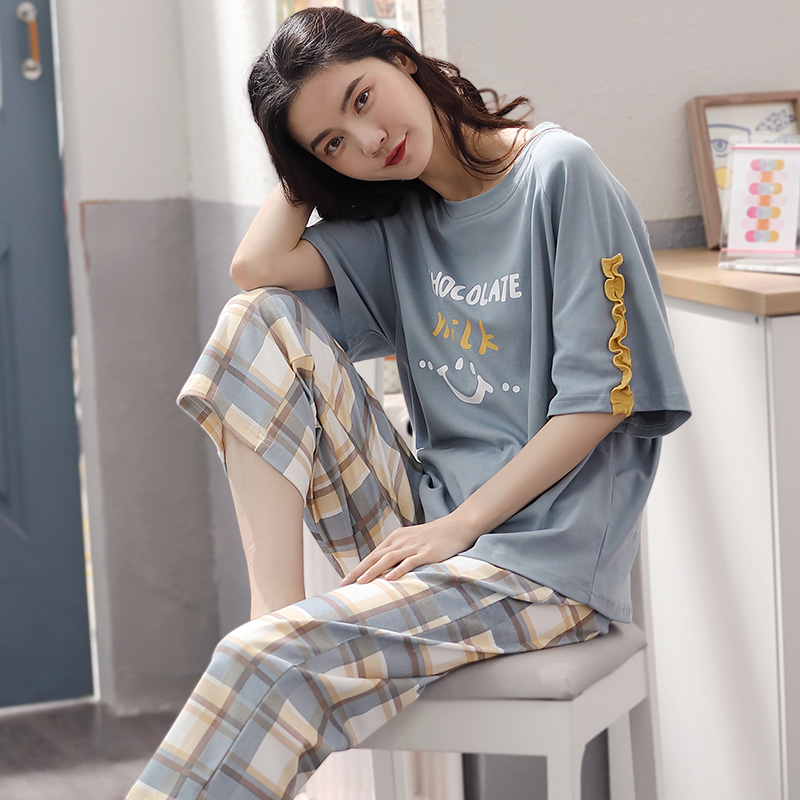 2022 New Sleepwear Lady Summer Pure Cotton Short Sleeves Thin 7 Pants Spring Autumn summer Home Home Suits Suit