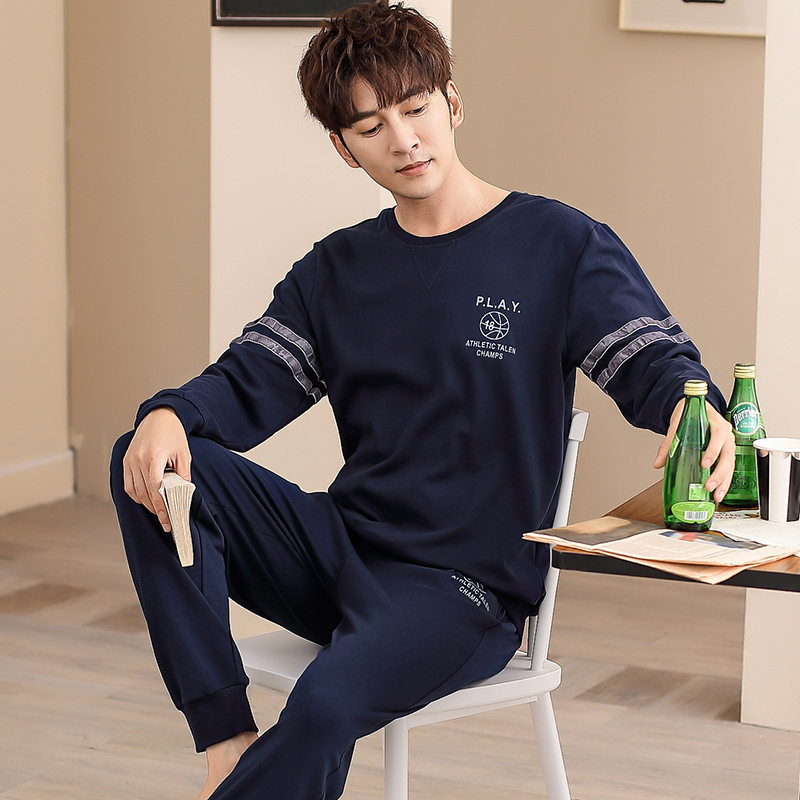 Pure cotton pyjamas men's spring and autumn style long sleeves long pants minimalist casual suit can be out of the door wearing loose round collar home clothes