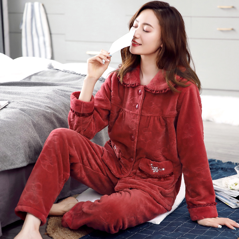 Sleepwear Woman Winter Coral Suede Thickened Add Suede Lady Long Sleeve Warm Flannel Suede Middle-aged Home Suit Suit