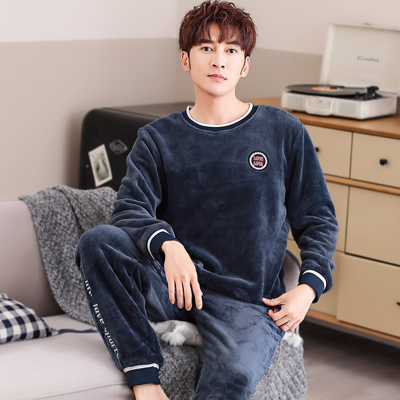 Coral velvet long-sleeved pajamas men's plus velvet thick pullover warm flannel men's home clothes autumn and winter suits