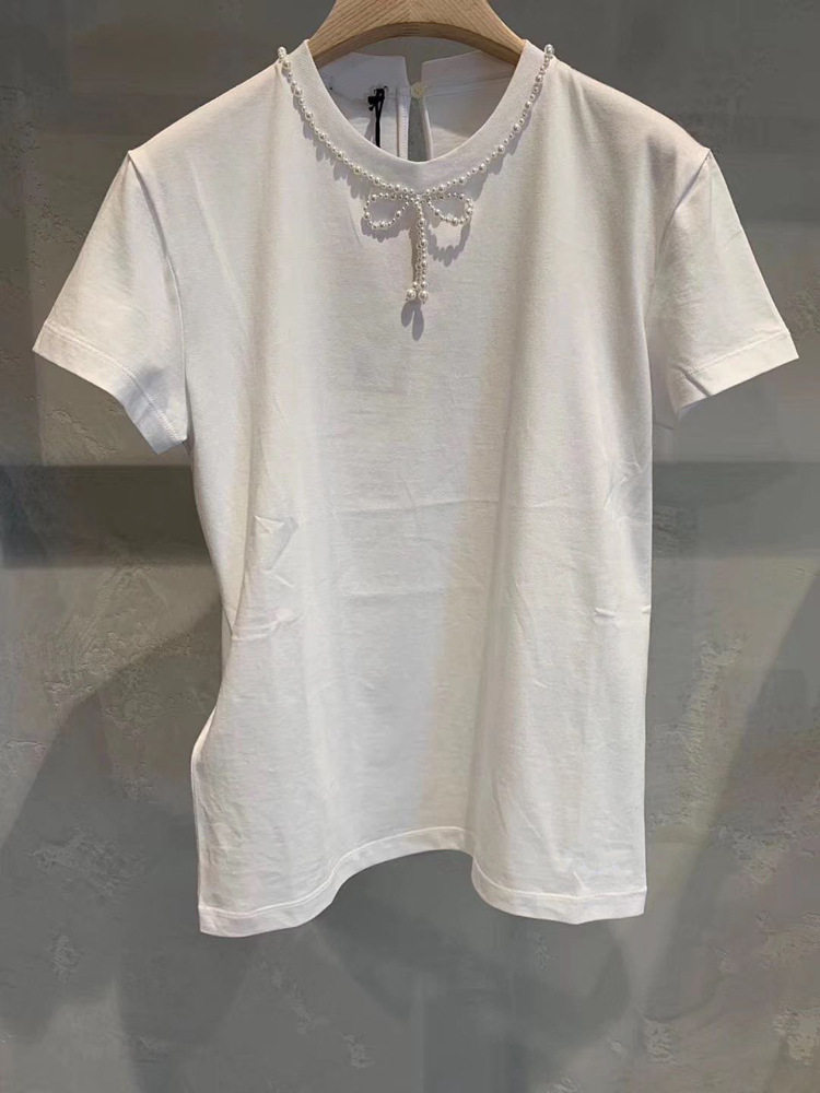 French mm 2022 summer new hand - made pearl loose short - sleeved T - shirt woman round the tide of fit
