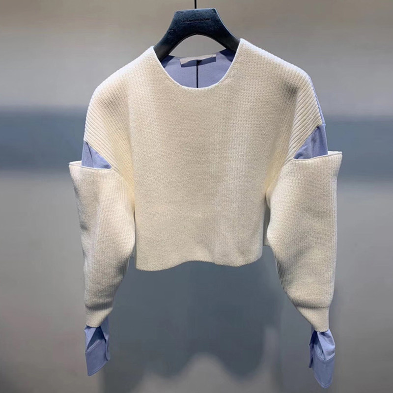 aw king's family 2022 spring new fake two long sleeve personality shirt short loose sweater stitch-knitted sweatshirt woman