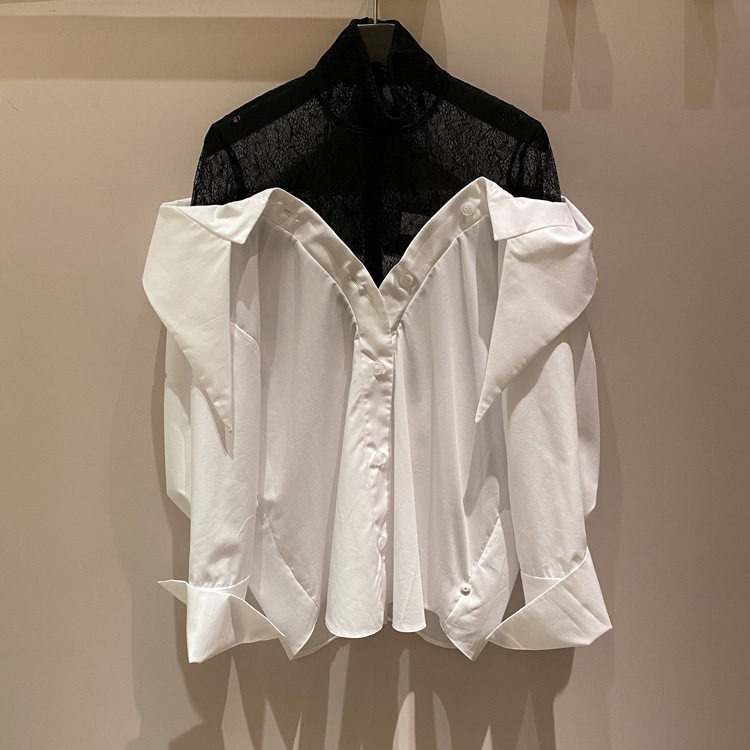French niche 2023 spring and summer new stand-up collar fake two-piece splicing lace single-breasted color matching shirt top women's fashion