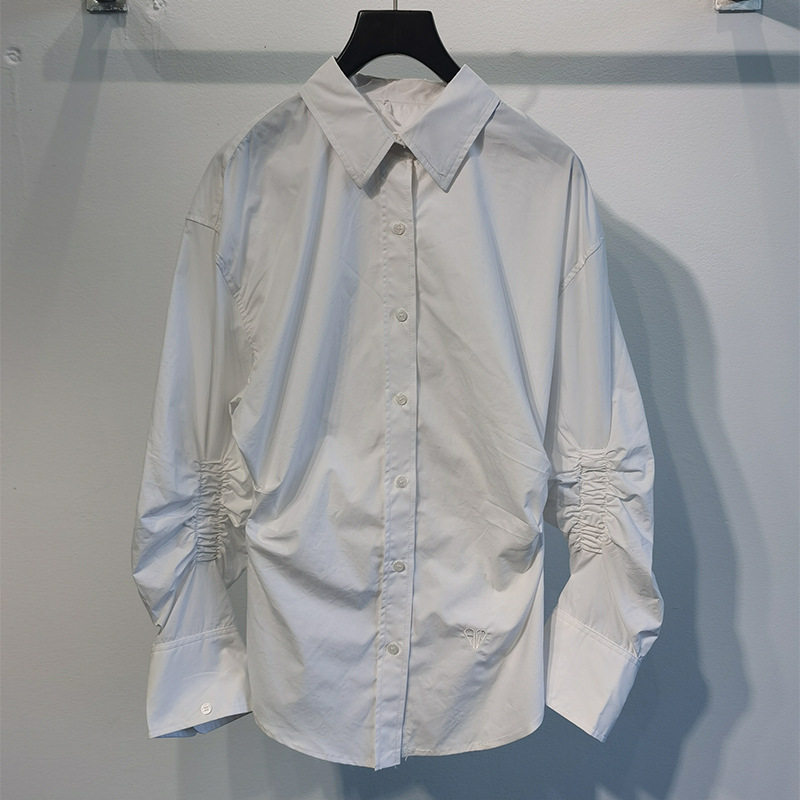 aw Grand King's home 2022 Spring new white folds Skinny blouse Casual Hitting Bottom Long Sleeve Shirt Woman Tide