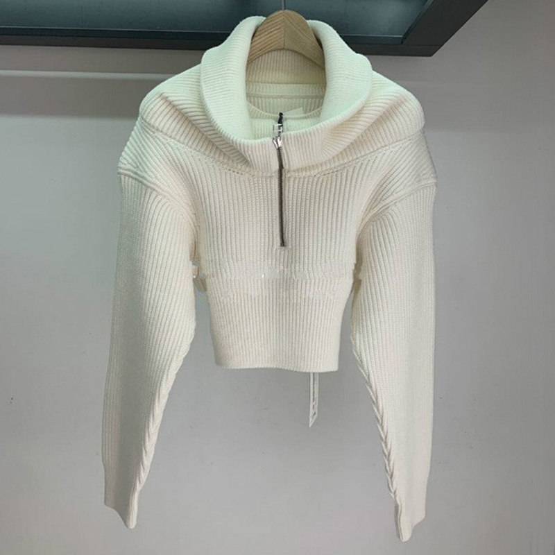French crowdsourced 2022 spring new laced short section 100 hitch-knit cardiovert high collar Long sleeves sweaters