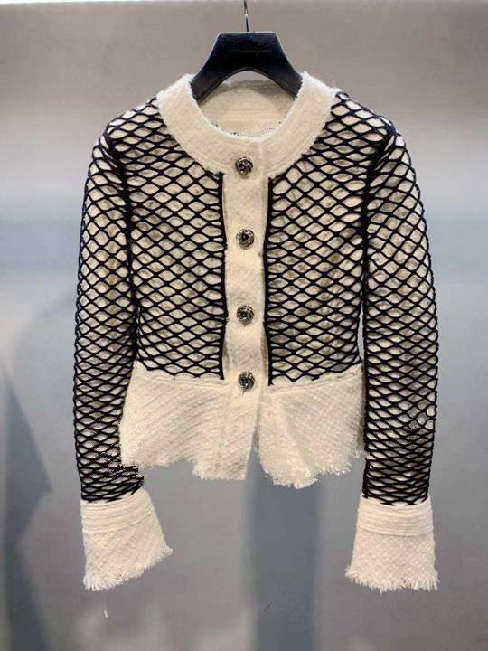 Aw Wang's 2021 autumn and winter new small fragrant wind woolen coat mesh splicing cardigan