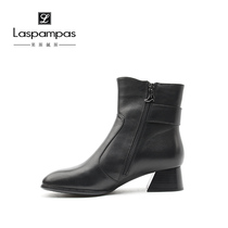 Laspampas lespeth counter new medium thick heel leather head layer cowhide Chelsea short boots