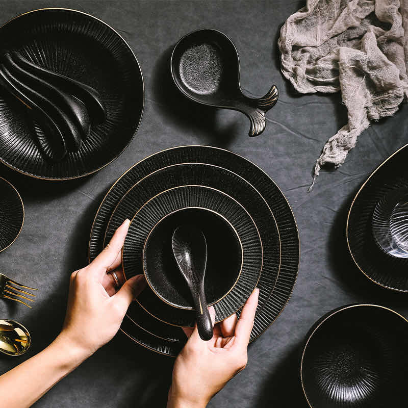 Black gold steak dishes Western dining trays Home European-style dishes Sub-flat dining hall Swaying Trays Creative Cutlery Kits