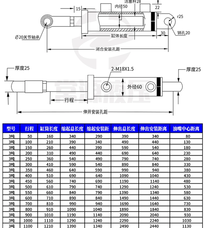 Xi lanh thủy lực 3 tấn Xi lanh thủy lực 50 xi lanh nhỏ hai chiều nâng nặng xi lanh đơn bằng tay điện 2 tấn dầu thủy lực