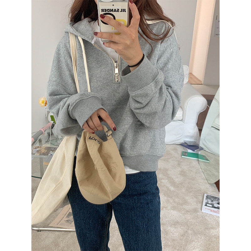 Wasabi homemade gray hooded sweatshirt women plus velvet thickened 2022 new spring and autumn loose Korean version of the head jacket