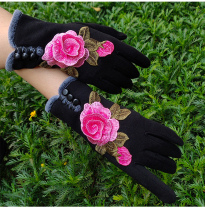 Embroidered gloves Winter female bicycling with cold-proof and warm and velvety thickened winter driving in touch screen Cotton glove Five fingers