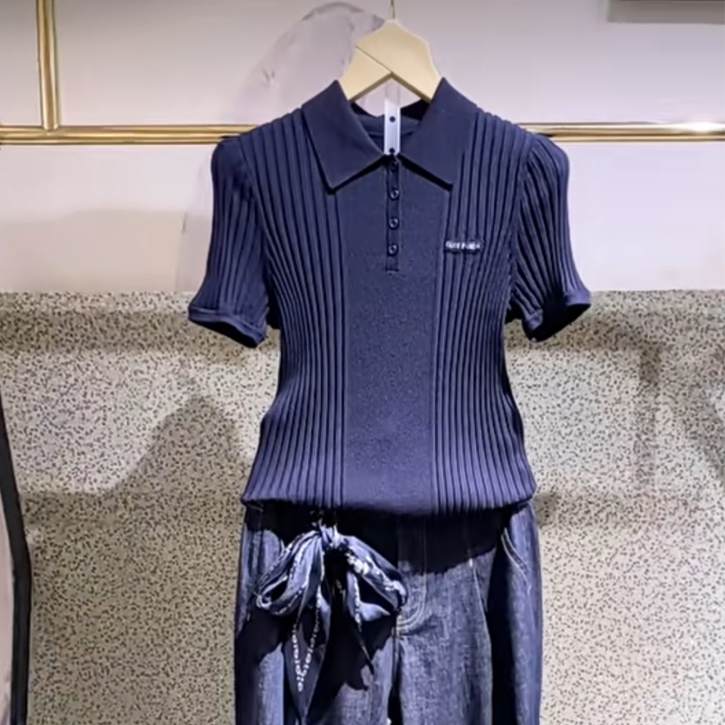 Casual Polo Collar Two-Color Short-Sleeved Knitwear for Women 2026 Summer Slim Fit Versatile Slimming Sweater Top Dark Blue Casual Polo Collar Two-Color Short-Sleeved Knitwear for Women 2026 Summer Slim Fit Versatile Slimming Sweater Top Dark Blue