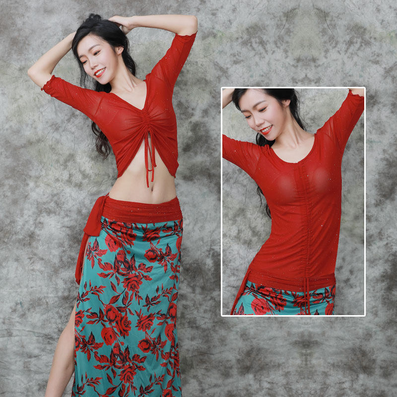 Belly Dance Tops 2021 New Sexy Mesh Exercise Dress Covers Belly Medium Long Sleeves Clothing Female Beginner Water Yarn