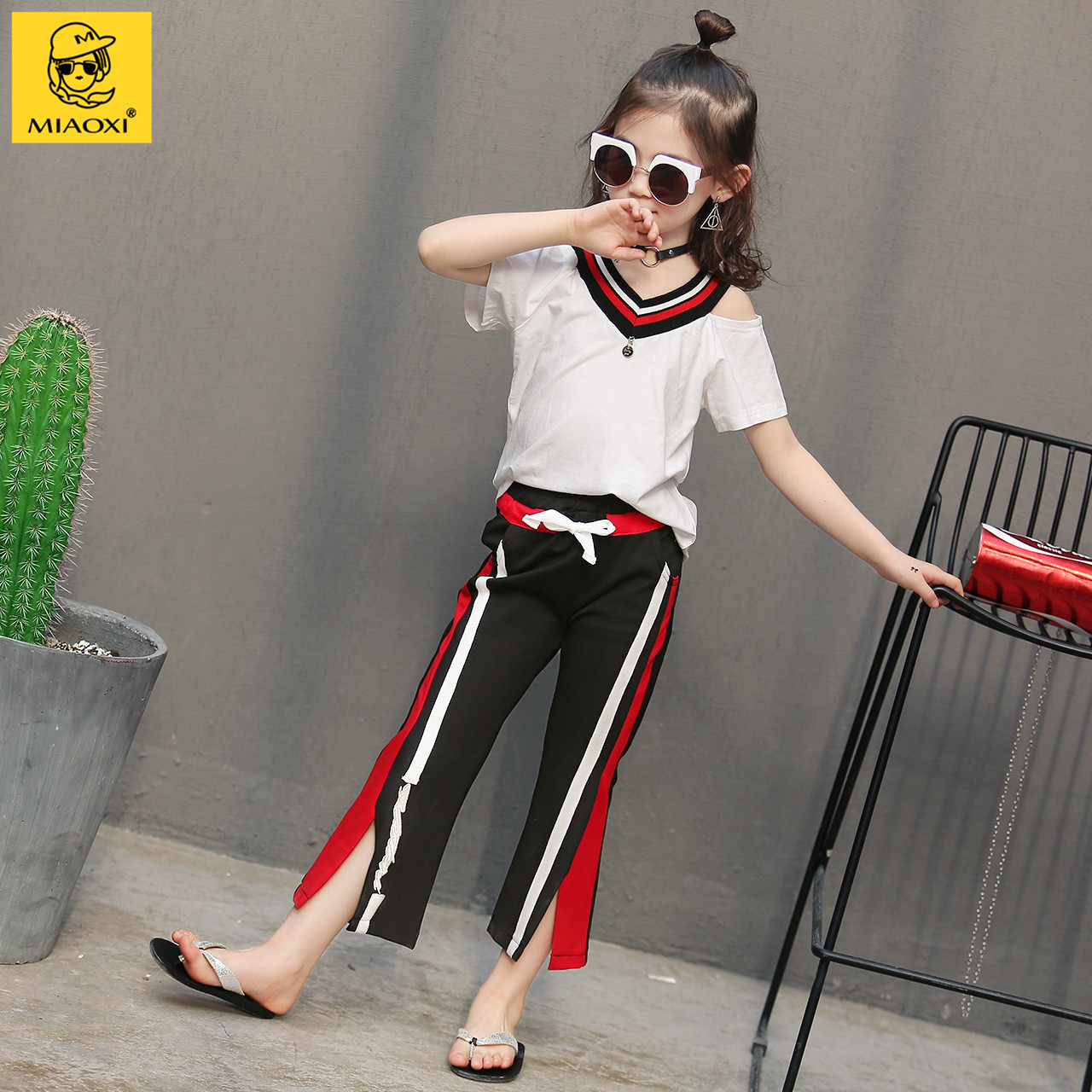 2018新款女童夏装套装韩版儿童夏季露肩短袖