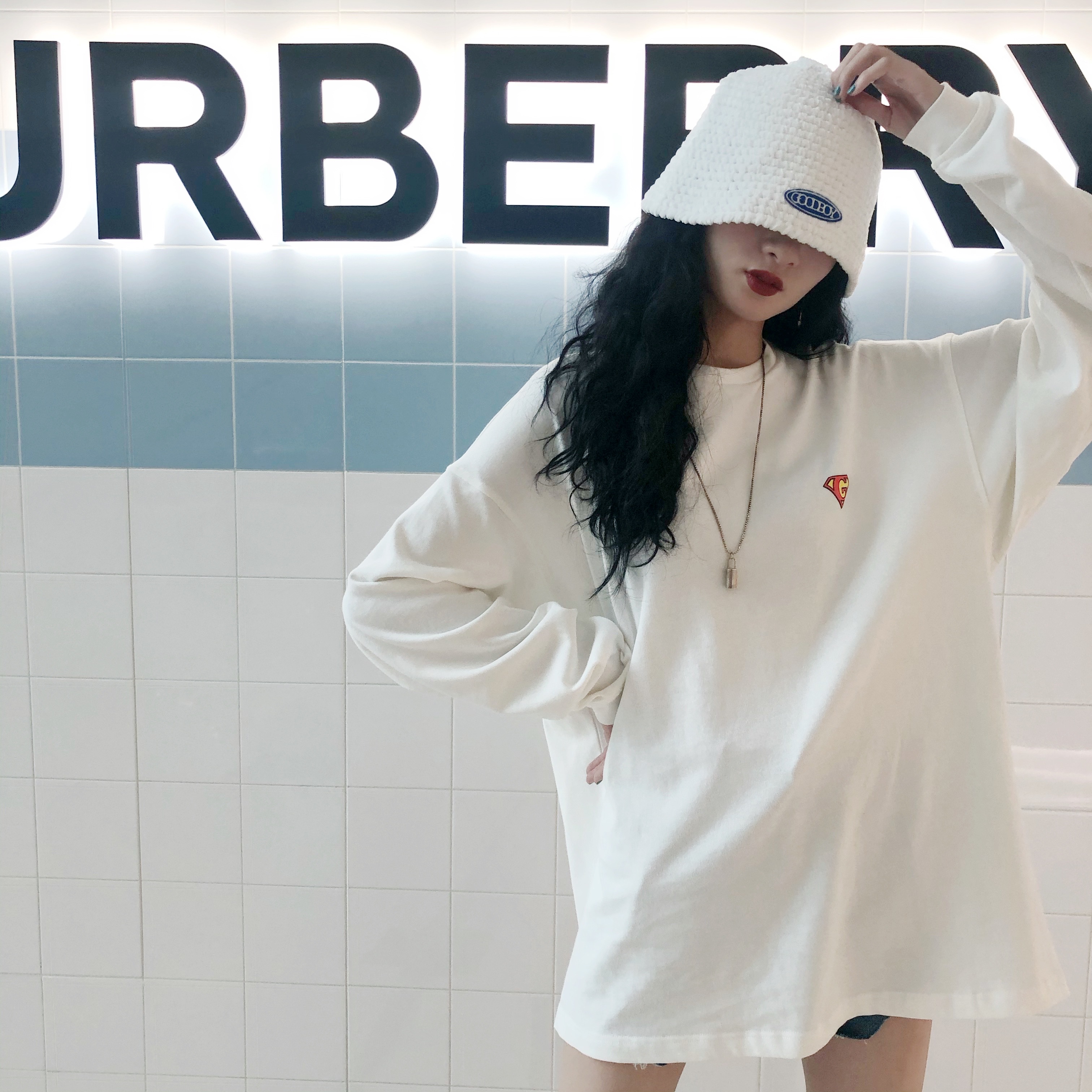 (H) GOOD GOODS KING BOY LONG sleeve diamond superman foaming agent sweater T-shirt