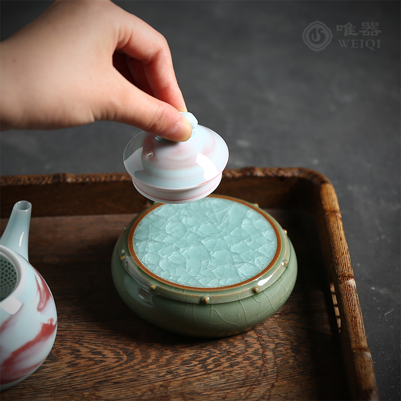 Green porcelain maestro Ye Xiaochun handmade ice cracking lid with small pot table ceramic cushion Cutian tea with tea ceremony accessories tea