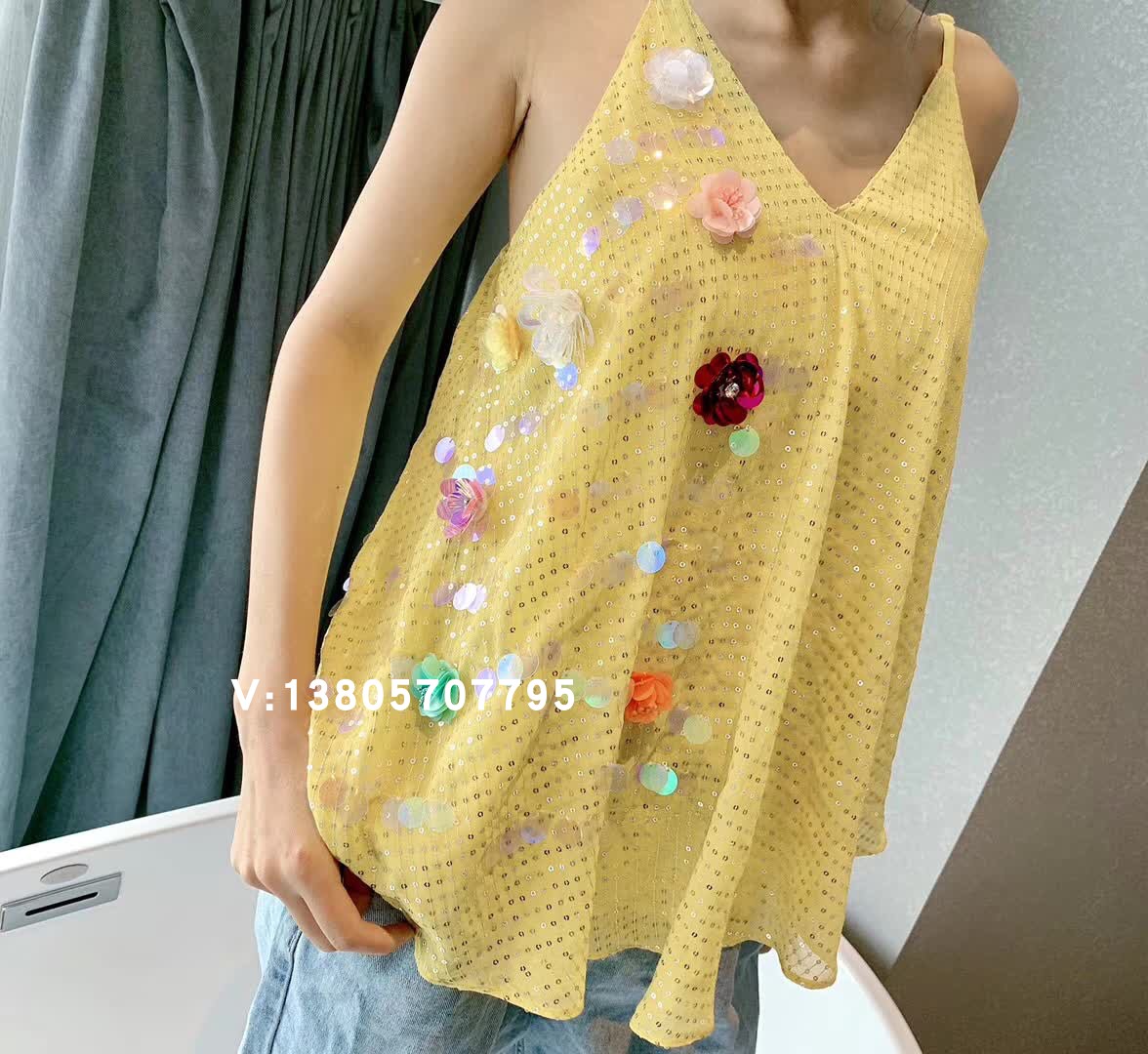 Là thẻ màu hàng hóa của phụ nữ mùa hè 2019 mới sequin hoang dã tự canh v-cổ áo quây áo ngắn - Áo ba lỗ áo bánh bèo