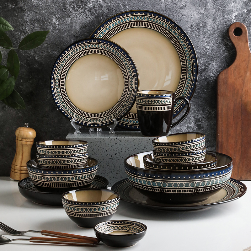 Yuquan American-Style High-End Moroccan-Style Light Luxury Tableware Ceramic Bowls and Plates Retro Internet-Famous High-Value Rice Bowls Yuquan American-Style High-End Moroccan-Style Light Luxury Tableware Ceramic Bowls and Plates Retro Internet-Famous High-Value Rice Bowls