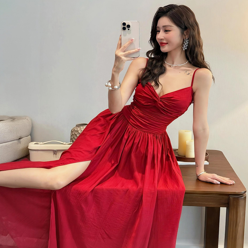 Red Spaghetti Strap Dress for Women on Beach Vacation, Summer Waist-Cinching Slimming Elegant Backless Long Dress for Sanya Beach Photoshoot