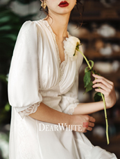 Свадебное платье 亲爱的白原创《夜莺》缎面蕾丝法式轻婚纱新娘白色复古订婚礼服