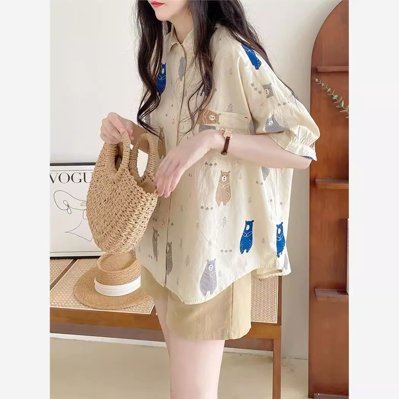 Cartoon Printed Cotton Silk Top Shirt Women's Summer New Loose Casual Young Style Three-Quarter Sleeve Shirt Cartoon Printed Cotton Silk Top Shirt Women's Summer New Loose Casual Young Style Three-Quarter Sleeve Shirt