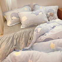Thickened coral velvet four-piece men double-sided velvet winter flannel warm bed milk lint quilt cover plush sheets