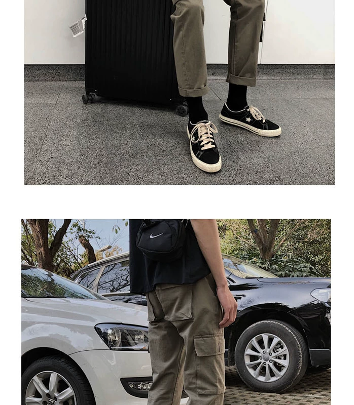 Quần yếm Nhật Bản nam thương hiệu thủy triều nhiều túi lỏng chân thẳng Shawn Yue ins siêu cháy retro phong cách quần Hong Kong sang trọng - Quần làm việc