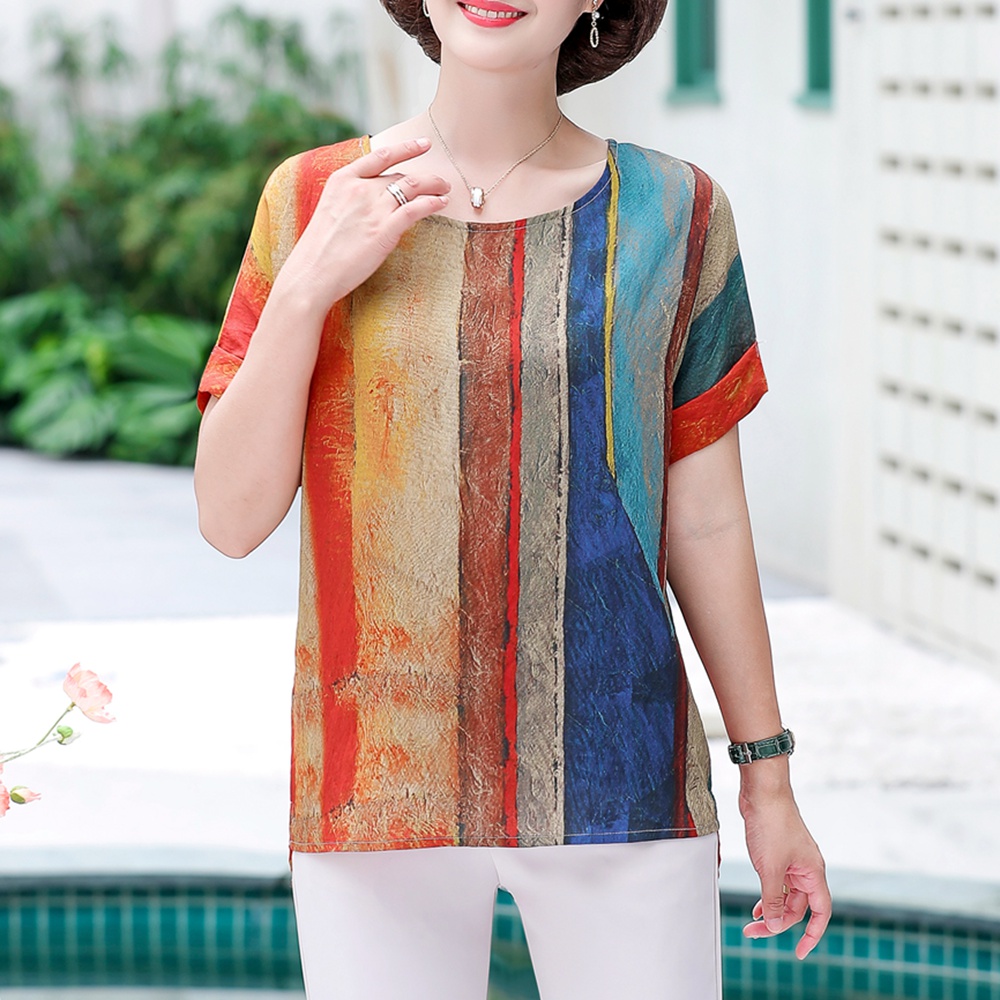 Middle-aged woman summer short-sleeved T-shirt 40-year-old 50 mom summer wear chiffon shirt small man top striped shirt