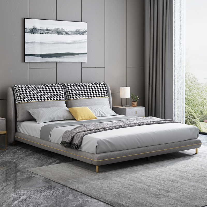 Italian minimalist fabric bed modern simple small apartment type high-grade technology cloth light luxury master bedroom Chidori grid double bed