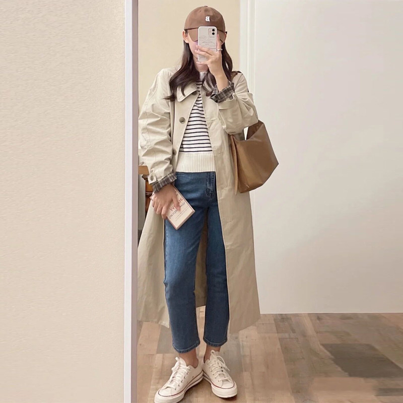 Wind coat jacket Women's coat with long version 2022 The new spring autumn small child chic spring style Han wind advanced texture