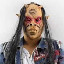 Halloween Horror Ghost Head Set Short Horn Red Eyes Long Hair Mask Latex cosplay Party Demon Head Cover