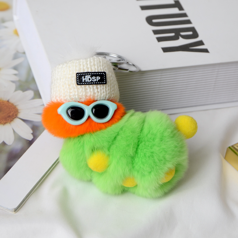Junhao's Same Style Rex Rabbit Fur Caterpillar Pendant Car Keychain Hanging Chain Couple Doll Ornament with Glasses