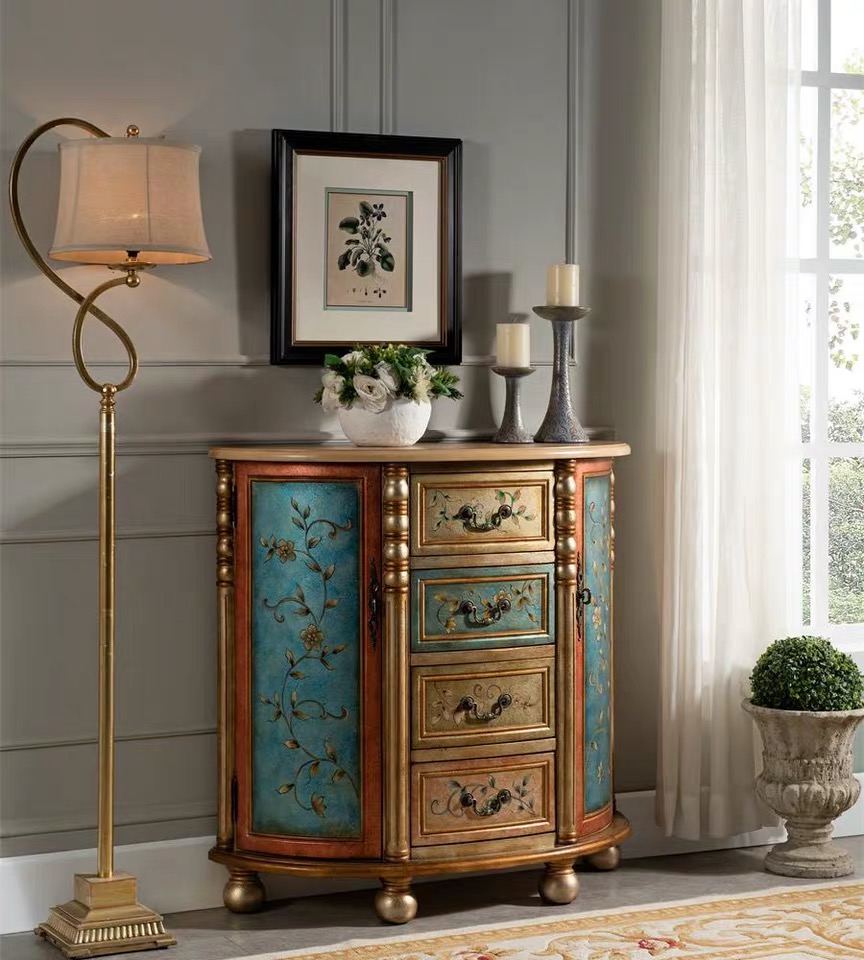 American painted solid wood semi-circle Xuanguan table retro to make old wall corner decorating cabinet corridor cabinet multifunction small side cabinet