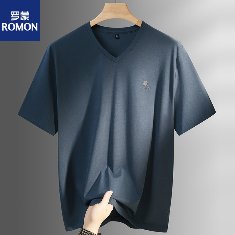 Romon V-Neck Short-Sleeve T-Shirt for Men, Plus Size, Loose Fit, Cool Modal Base Shirt, Half-Sleeve Sweetheart Neckline Top