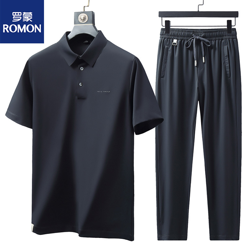Romon Ice Silk Men's Casual Suit Summer Thin Loose Large Size Business Middle-Aged Dad Sports Quick-Drying Short-Sleeved Suit