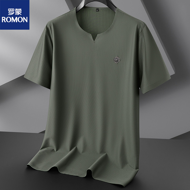 Romon Summer V-Neck Short-Sleeve T-Shirt for Men, Plus Size, Loose Fit, Casual Half-Sleeve, Cotton, No-Iron Top for Big and Tall Guys