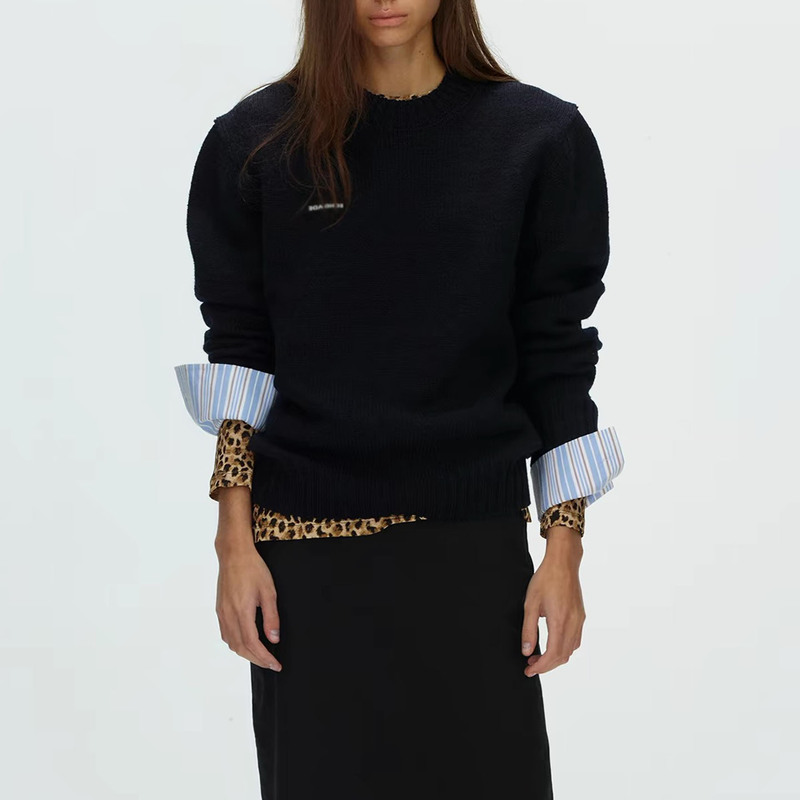 Echoade Classic Versatile Detachable Shirt-Style Cuffs 100% Sheep Wool Sweater Round Neck Knit Top