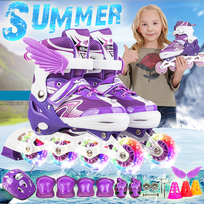 Skies children in full suit of male and female dry ice skate straight wheel can be adjusted 3-4-5-6-8-10 years old beginners