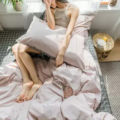 Flower and plant embroidery Simple Nordic washed cotton Cotton pure cotton bed single bed four-piece bed duvet cover bed product