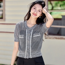 Xiaoxiangfeng Short sleeved Knitted Cardigan Women's Summer 2024 New Design Feeling Hollow Loose Round Neck Flower Yarn Short Top