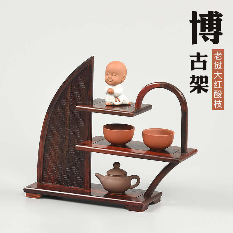 Laos big red acid branch handicraft decoration strange stone bonsai Xiaobo ancient frame purple sand pot desktop mahogany base bracket