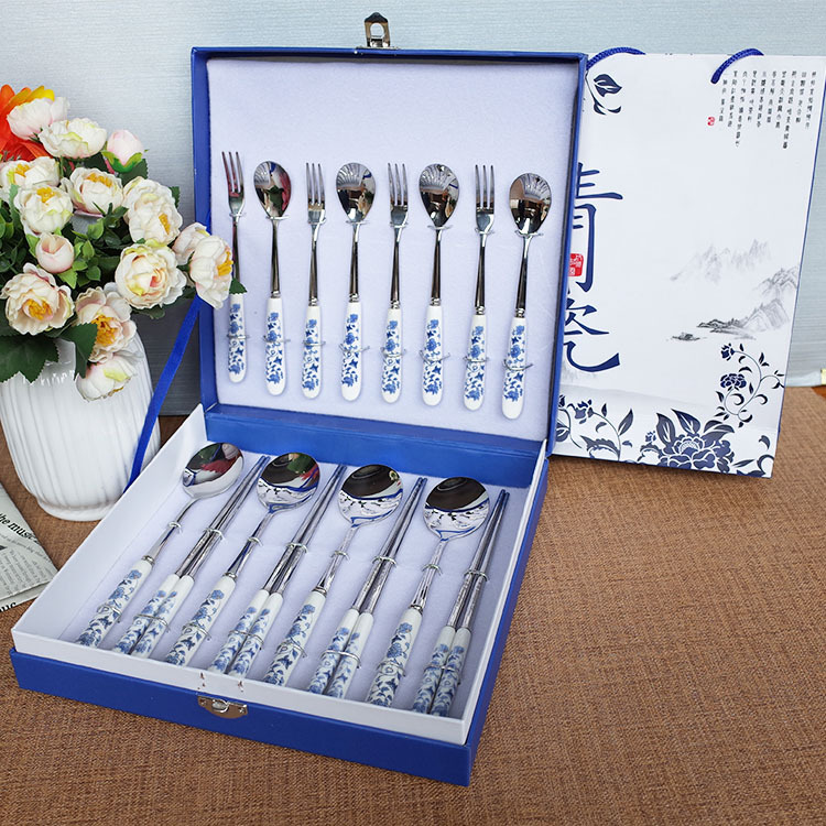 304 Stainless Steel Blue and White Porcelain Tableware Set Ceramic Stainless Steel Chopsticks Spoon Fork Knife Soup Spoon Steak Knife Gift Giving