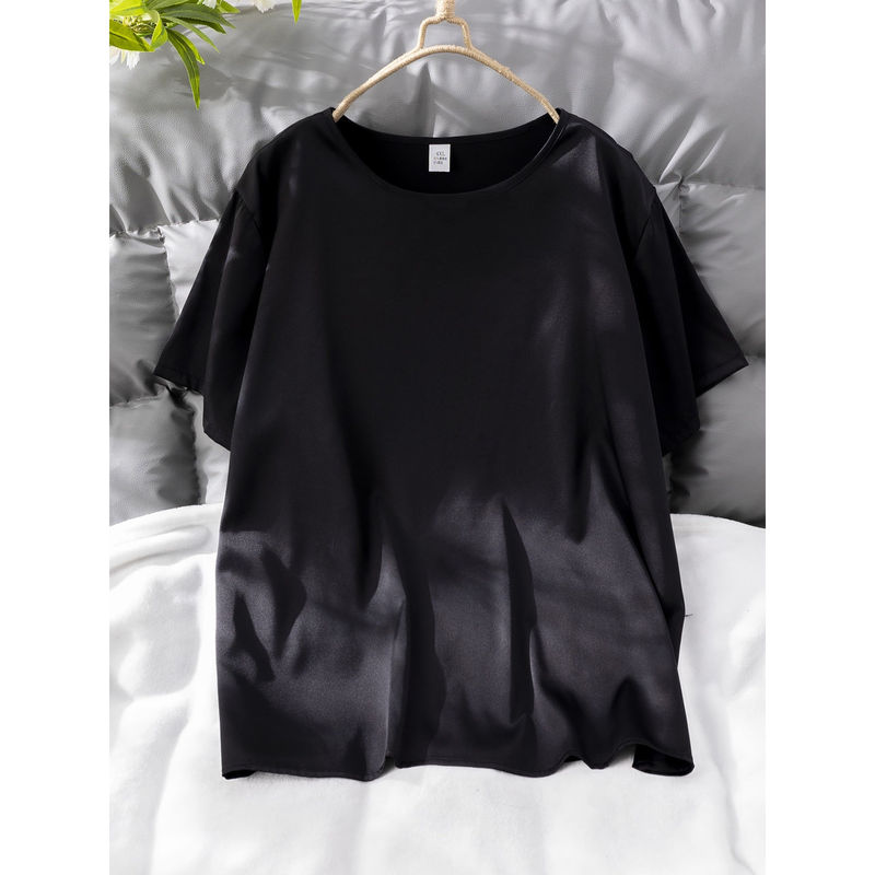Stretch Satin Regular Shoulder Short-Sleeve Round-Neck Loose 2026 Commuter Women's T-Shirt Basic Versatile Black Mulberry Silk