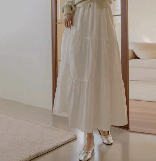 White Skirt for Women 2024 Summer New Style Elastic High-Waisted Slimming Mid-Length Cake Skirt A-Line Skirt