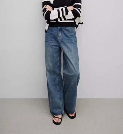 Wangzha Denim Xinjiang Long-Staple Cotton Vintage Washed Wide-Leg Jeans for Women, Versatile, Comfortable, and High-End Feel