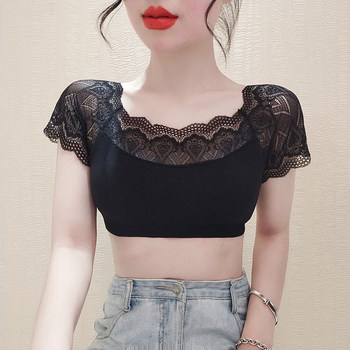 Lace Short-Sleeve Camisole with Chest Pads and Mesh Fake Collar Half-Tops for Women