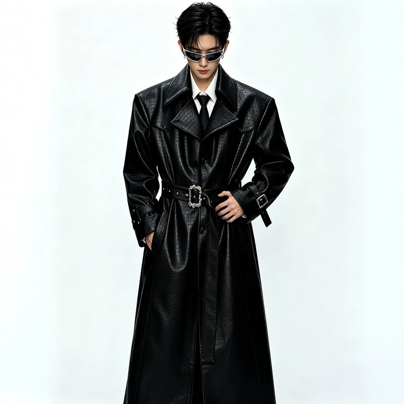 Unique Deconstructed Crocodile-Patterned High-End Wide-Collar Wide-Shoulder Leather Coat with Metallic Design, Waist-Cinching, Over-The-Knee Long Trench Coat