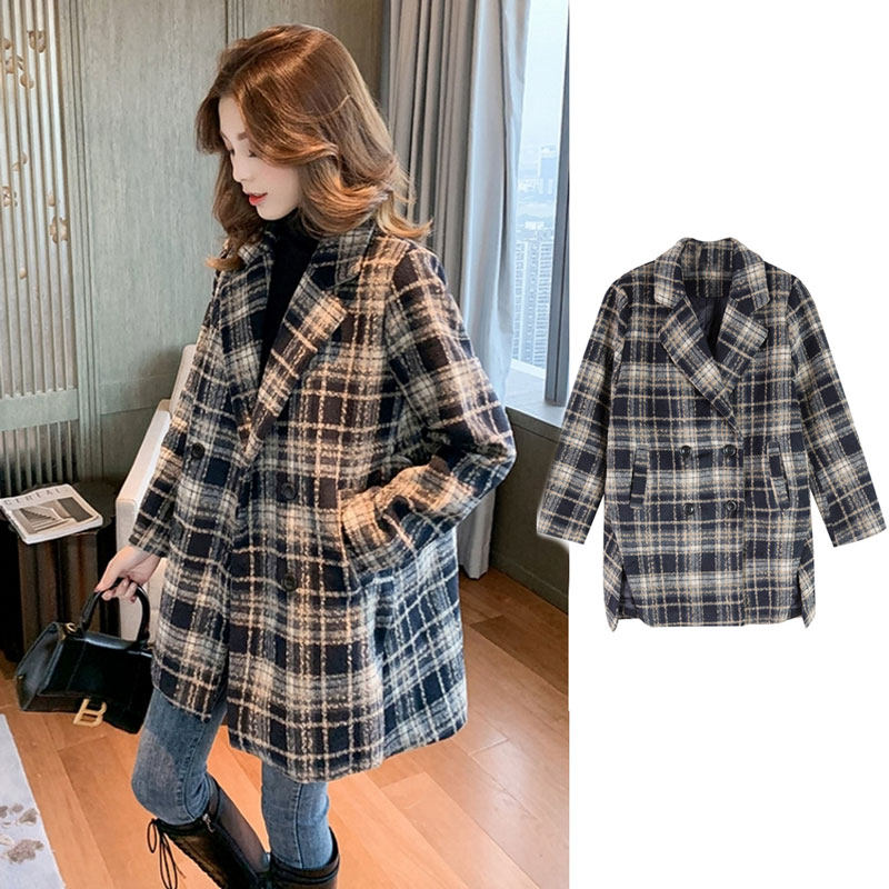 Pregnant women spring and autumn clothes 2021 Korean version loose suit woolen coat mid-length version fashion thickened plaid coat