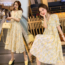 Pregnant woman Snow spinning Liandress 2021 Summer new fashion Loose Lotus Leaf Lace v collar Expats slim Blossom Long Dress