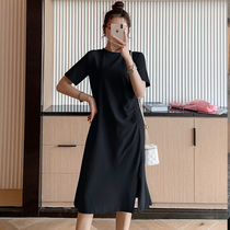 Pregnancy Woman Dress Dress Dress 2021 Summer New Fashion Korean Version Loose Design Sensation Fork-Cut-Age Personality T-Shirt Dress